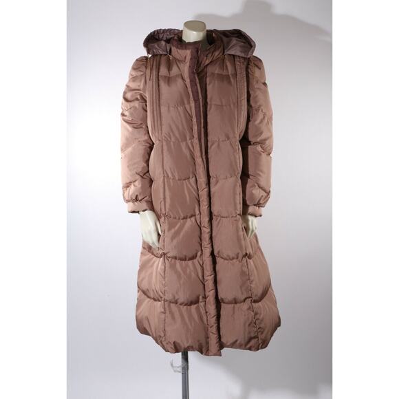 Vintage Beige Down Puffer Long Coat Jacket Quilted Leather Belt Warm Size L - Picture 7 of 12